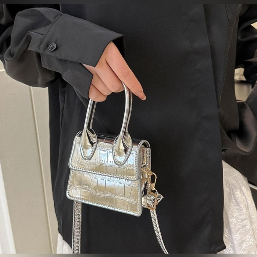 NEW! Silver Croc-Embossed Mini Bag